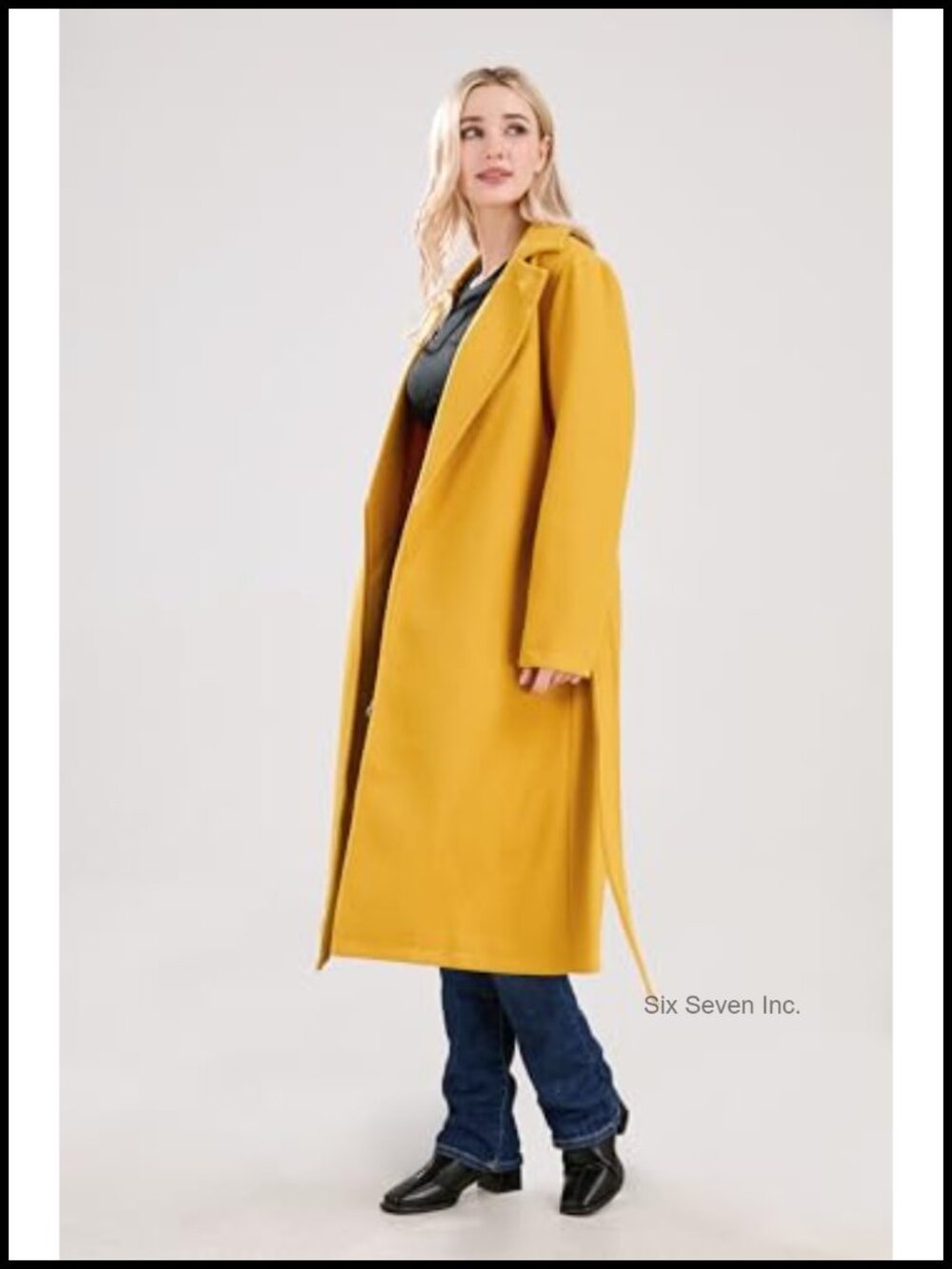 Womens Long Wool Pea Coat Belted Notched Collar Open Front Trench Coat - Picture 5 of 6